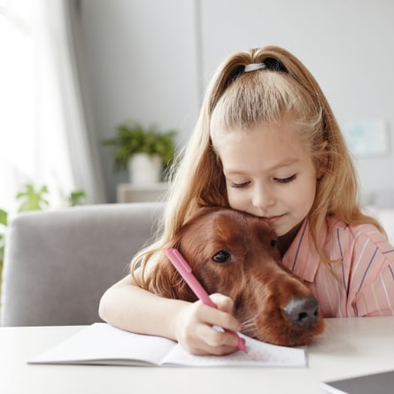 Mädchen umarmt sein Hund zu Hause