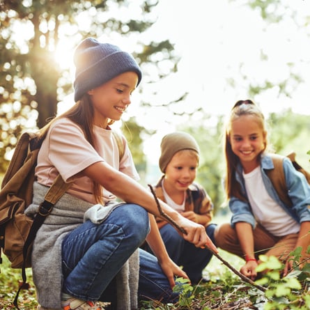 Fröhliche Kinder erkunden den Wald.